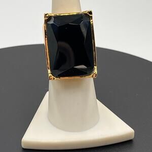 Trina Turk Large Blue Rectangle Bezel Glass Gold Tone Ring Sz 7.25